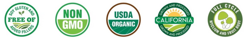 Badges with text reading: Free of soy, gluten and added fillers, non-GMO, USDA Organic, Grown and processed in California, and Full cycle mycelium and fruit body